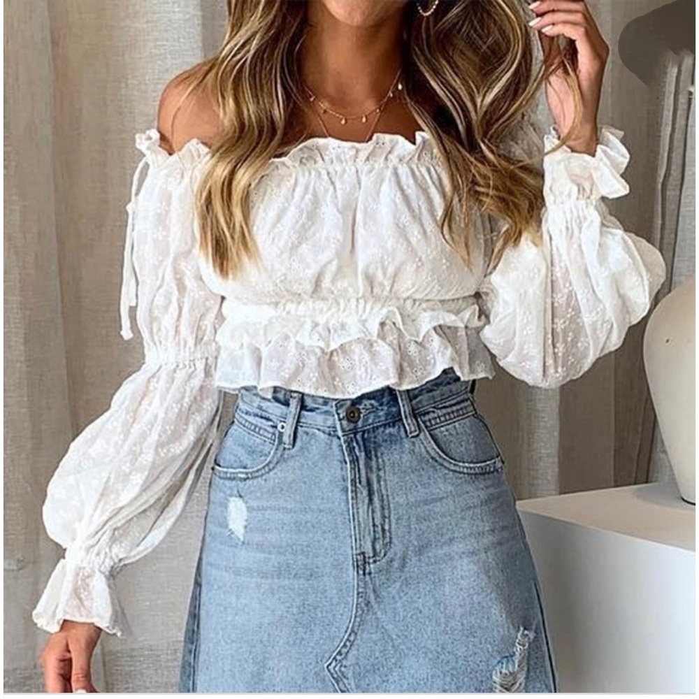 Indikah Boho white Off-The-Shoulder Embroidery Women Crop